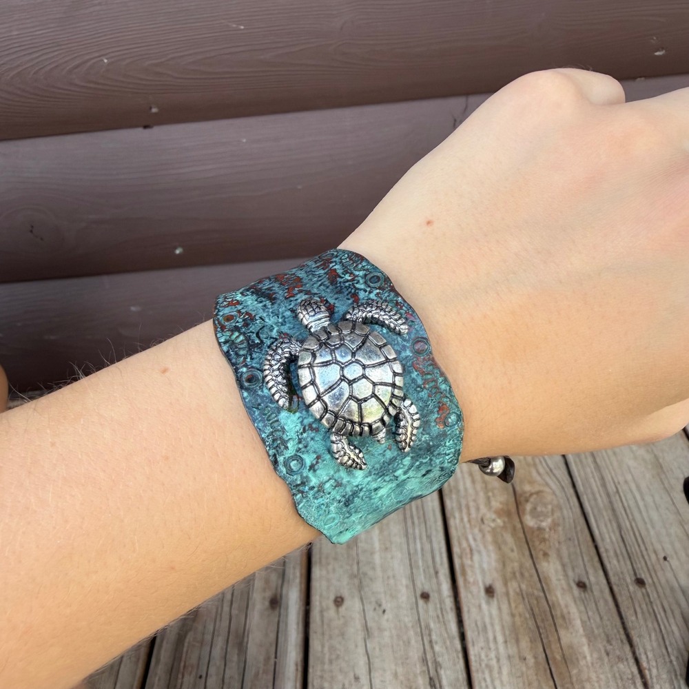Sea Turtle Cuff Bracelet Unisex OS Green Patina Leather Cord Adjustable Rustic